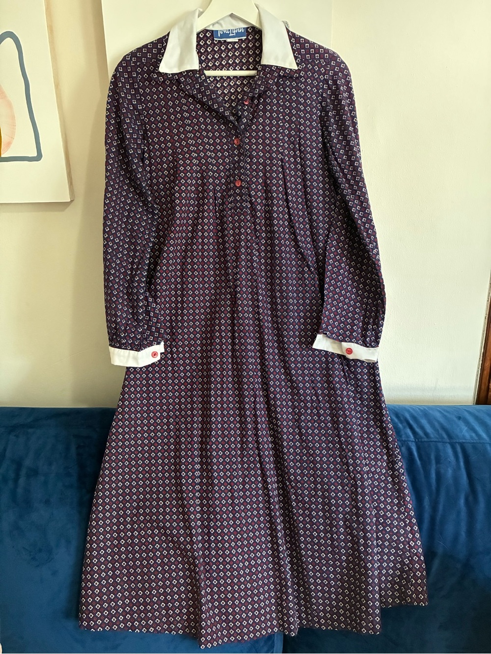 Vintage Navy Printed Dress with White Collar and Burgundy Details